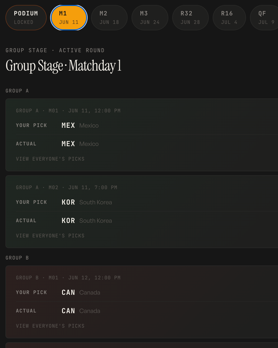 The World Cup Bracket app: group-stage matchday picks with scores and points, beside the projected knockout bracket.